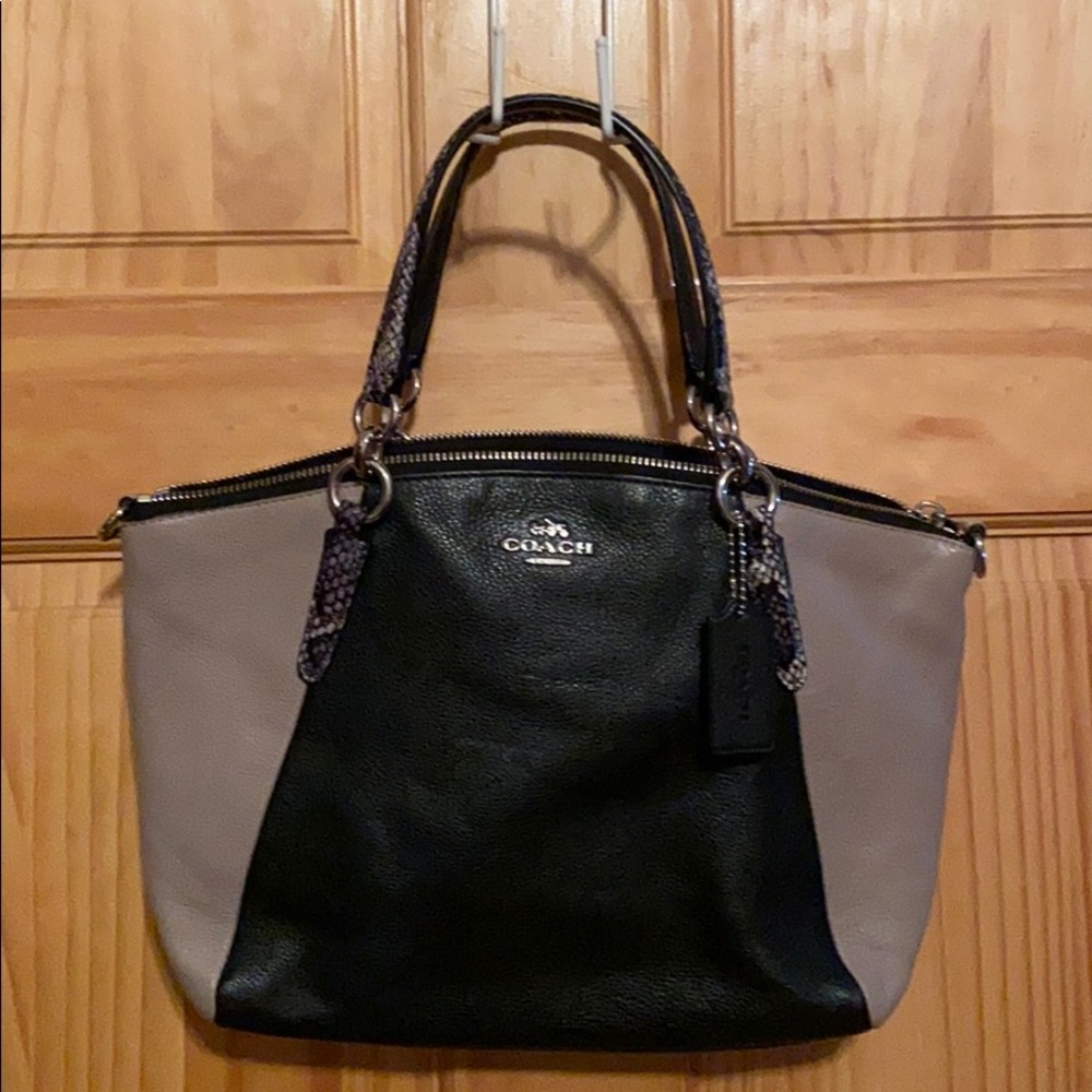 Coach handbag purse black taupe snake print accent